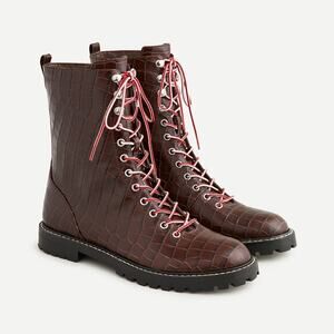 NEW J. Crew Lace-Up Boots in Croc-embossed Leather Sz 6